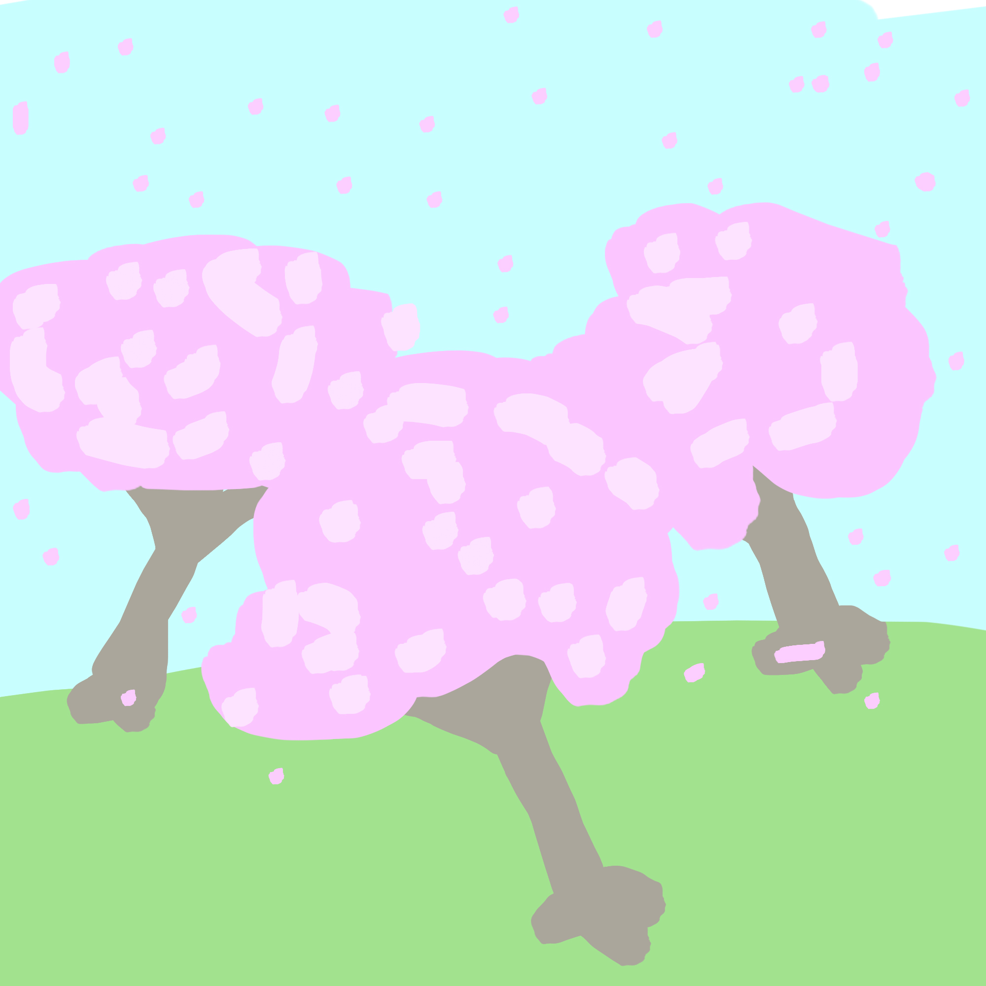 Trois cerisiers en fleurs au sommet d'une colline à l'herbe claire répandant leurs pétales rose vif dans le vent.