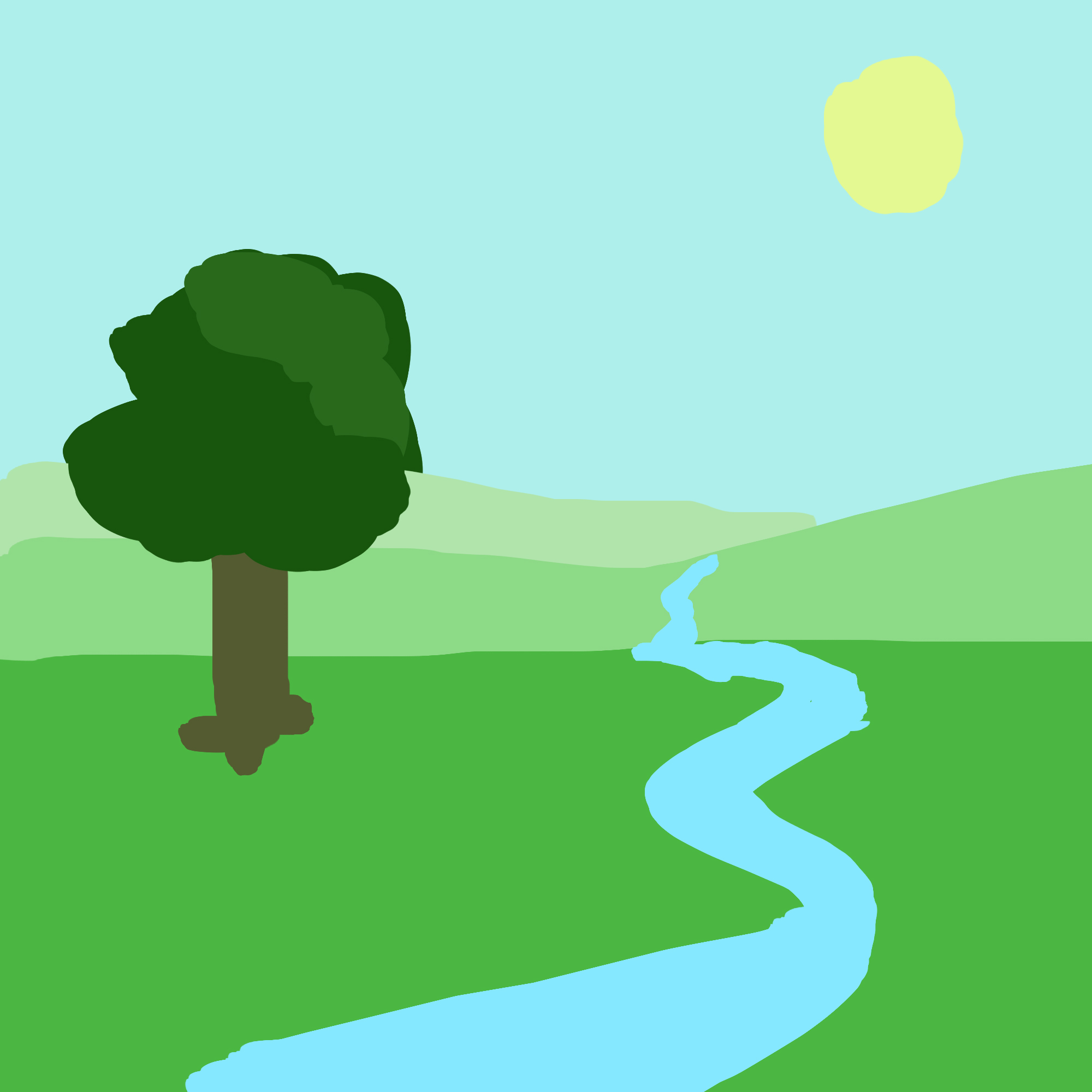 Une étendue d'herbe verte s'étendant à perte de vue
      traversée par une rivière à l'eau claire, et un arbre aux feuilles verdoyantes se tenant
       fièrement sous le soleil du matin.