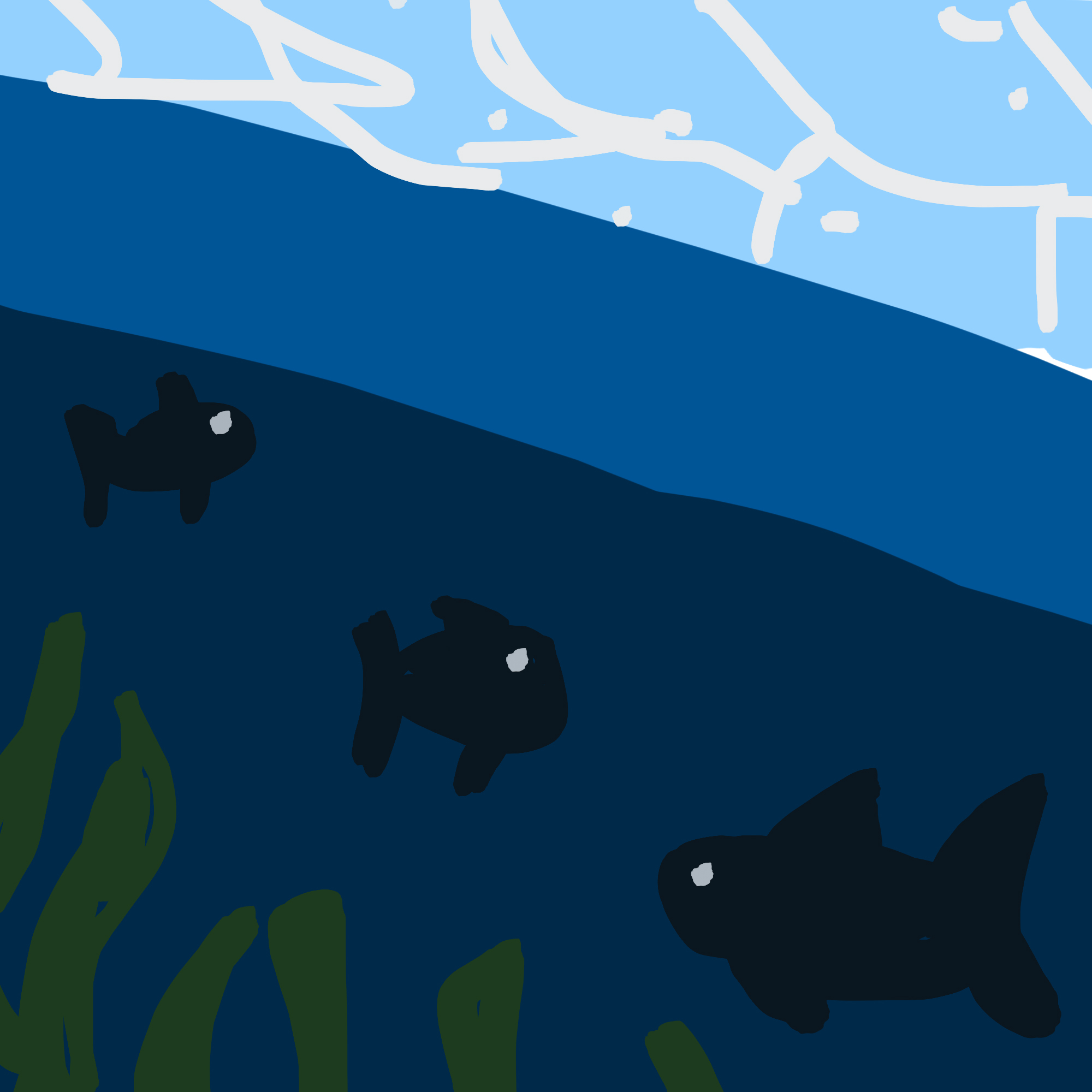 Trois poissons nageant avec élégance sous la surface d'une eau calme, tandis qu'un bouquet d'algues vertes
 flottent ondulent doucement au gré des vagues.