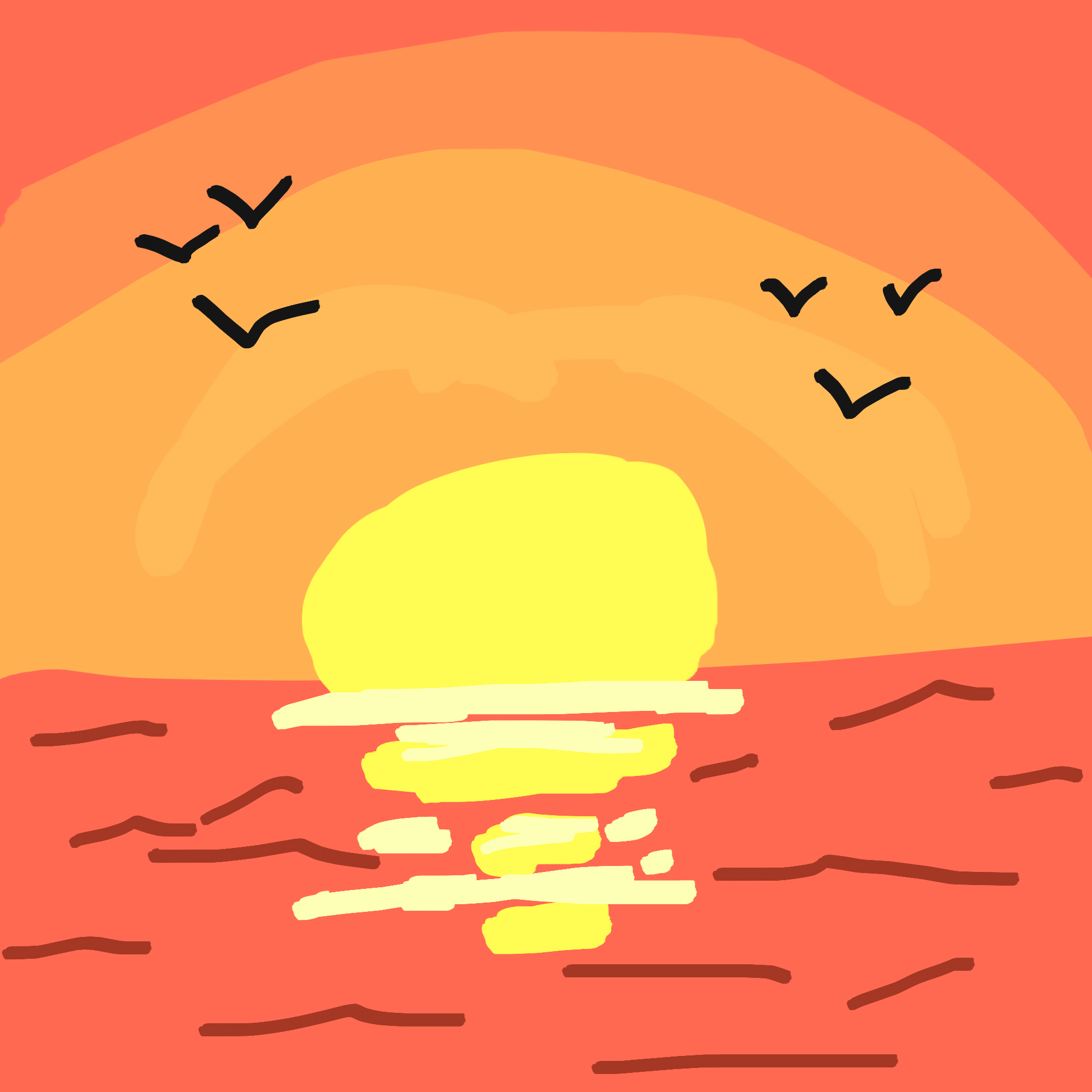 Un coucher de soleil aux couleurs enflammées se reflétant sur l'océan à l'horizon, tandis que les
       silhouettes d'oiseaux gracieux déchirent le ciel.