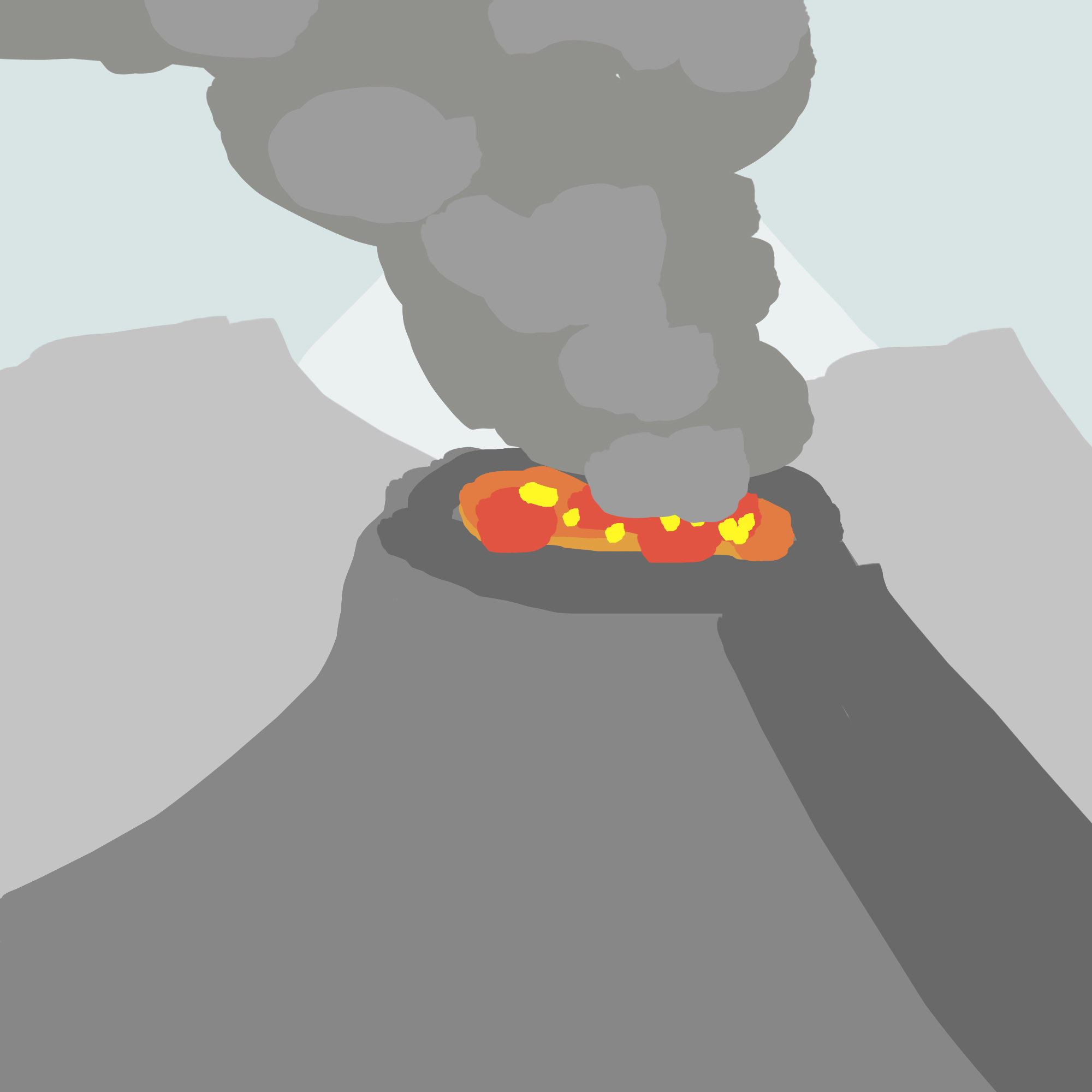 Une chaîne de volcans immenses. De la lave rougoie dans le cratère de l'un d'eux, laissant échapper une colonne de fumée montant jusqu'au ciel.